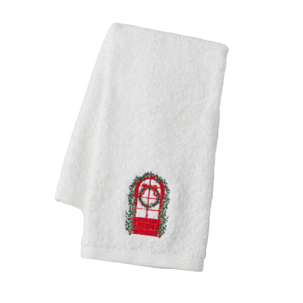 Seasons Greetings Hand Towel Wreath Framed Window